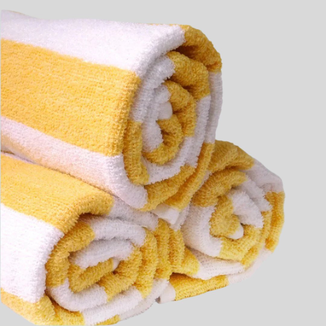 Bright yellow and white Oxford Basic Stripe Pool Towels 30" x 60" offer elegant comfort for poolside relaxation.