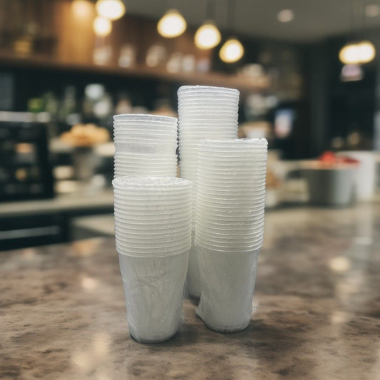 Individually Wrapped Plastic Cups - Case of 1000 stacked for hygienic convenience in hotels and events.