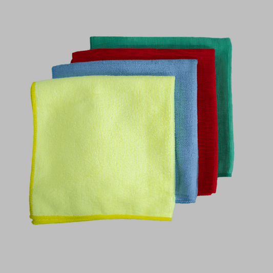 Vibrant Microfiber Cleaning Cloths - 16"x16" in yellow, blue, green, and red for effective dust and dirt removal.