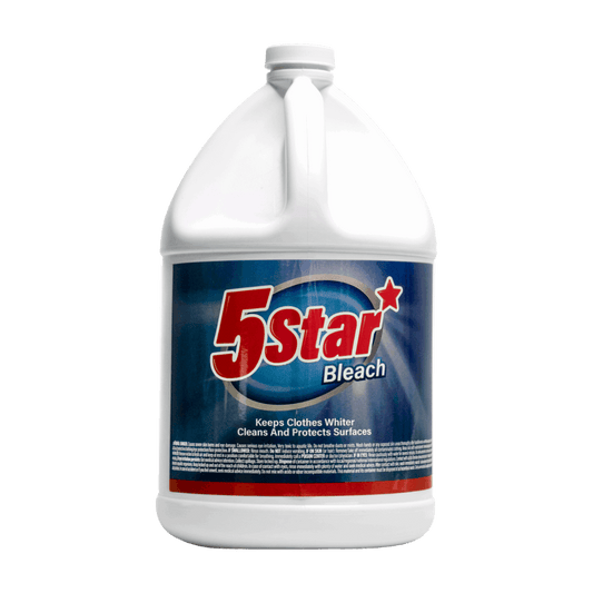 5 Star Laundry Bleach 5% – 6 Gallons per Case for deep cleaning, stain removal, and fabric whitening.