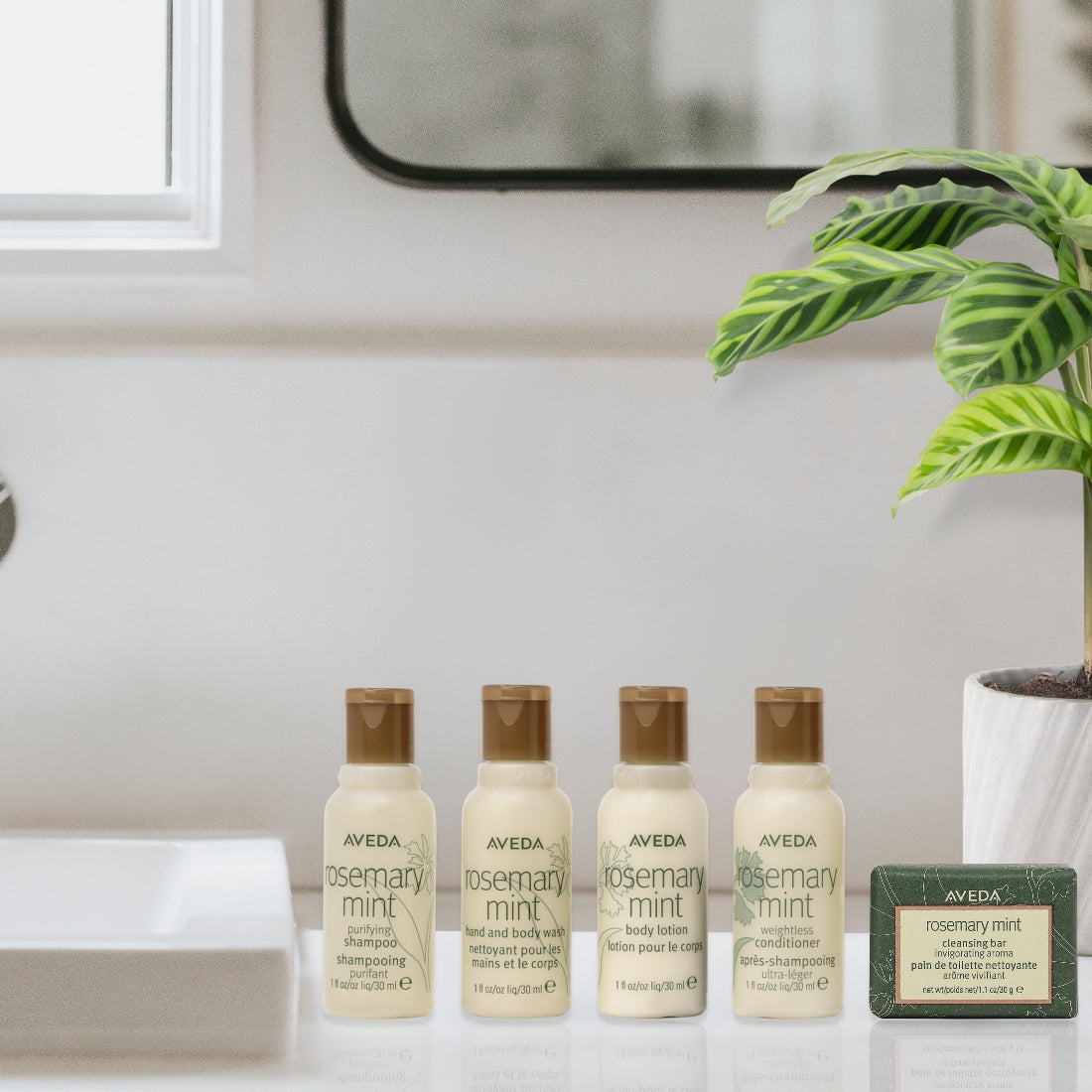 Aveda Rosemary Mint Toiletry Bags feature premium shampoo, conditioner, body wash, and lotion for a luxurious guest experience.