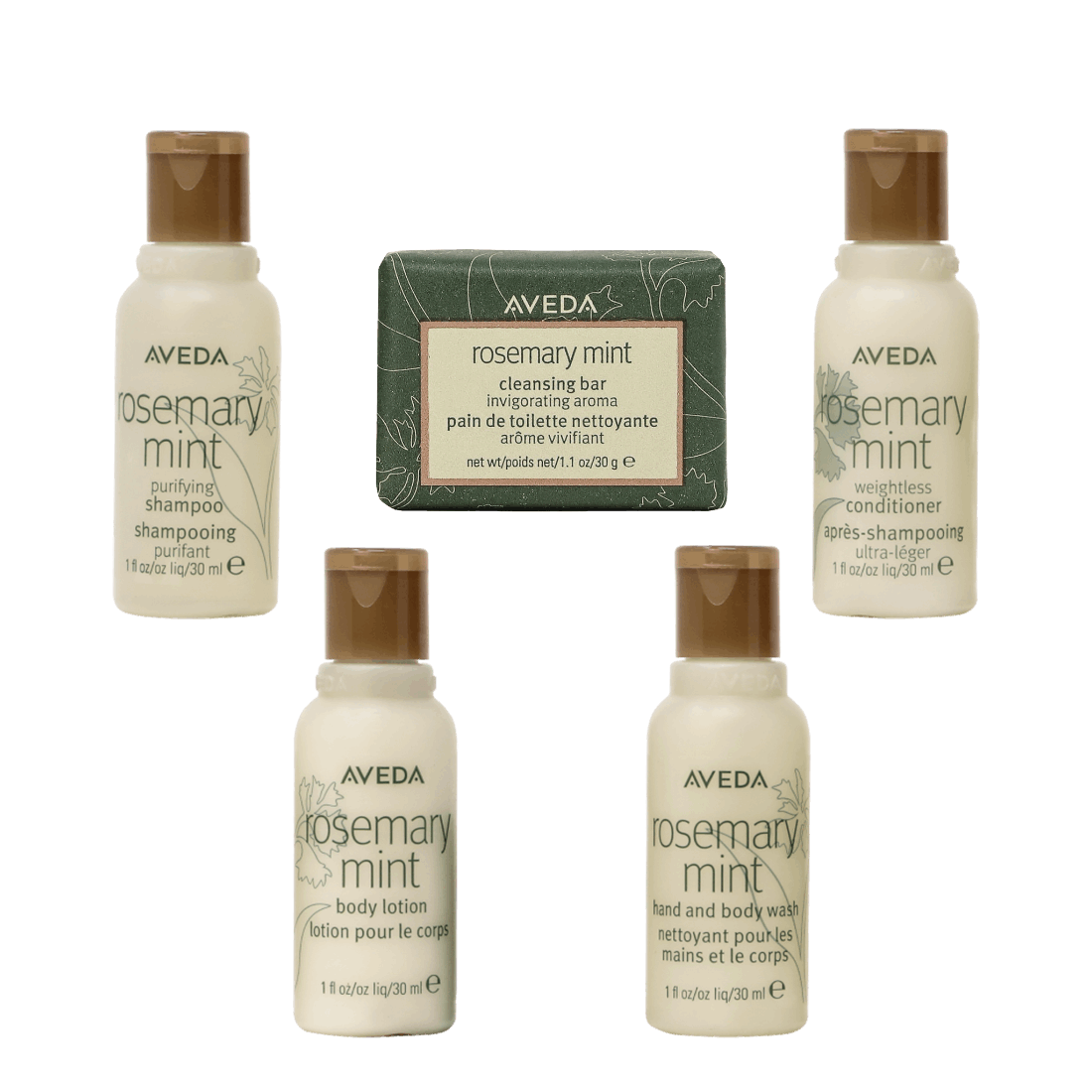 Elevate guest experiences with Aveda Rosemary Mint Toiletry Bags, featuring luxurious shampoo, conditioner, and lotion.