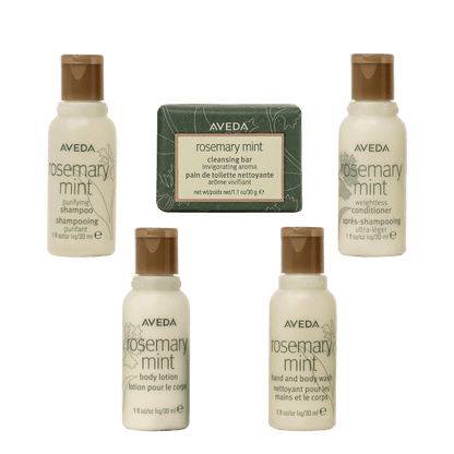 Elevate guest experiences with Aveda Rosemary Mint Toiletry Bags, featuring luxurious shampoo, conditioner, and lotion.