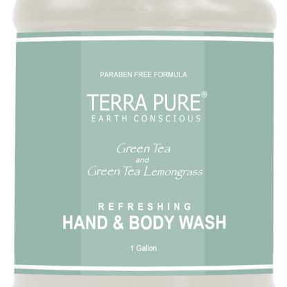 Terra Pure Green Tea Body Wash - Case 2 or 4 Gallons offers refreshing hydration with organic aloe vera and olive oil.