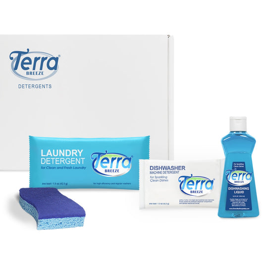 Terra Breeze 80-Piece Travel Laundry set includes laundry and dish soap, ideal for hotels and vacation rentals.