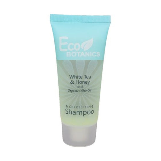 Eco Botanics Shampoo 0.85 oz / 25ml with white tea and honey, perfect for revitalizing and cleansing hair.
