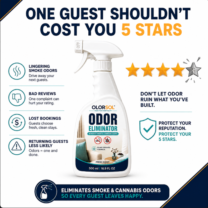 A graphic for OlorSol Odor Eliminator spray bottle. The white and blue trigger spray bottle is centered on a white background, surrounded by marketing text, star ratings, and icons highlighting benefits like eliminating smoke and cannabis odors.