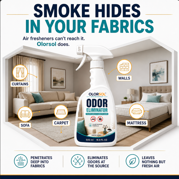 A bottle of Olorsol Odor Eliminator spray is centered in front of a stylized home interior showing a living room, bedroom, curtains, sofa, carpet, mattress, and walls. Large headline text reads 'SMOKE HIDES IN YOUR FABRICS' with supporting copy about air fresheners not reaching it and Olorsol doing.