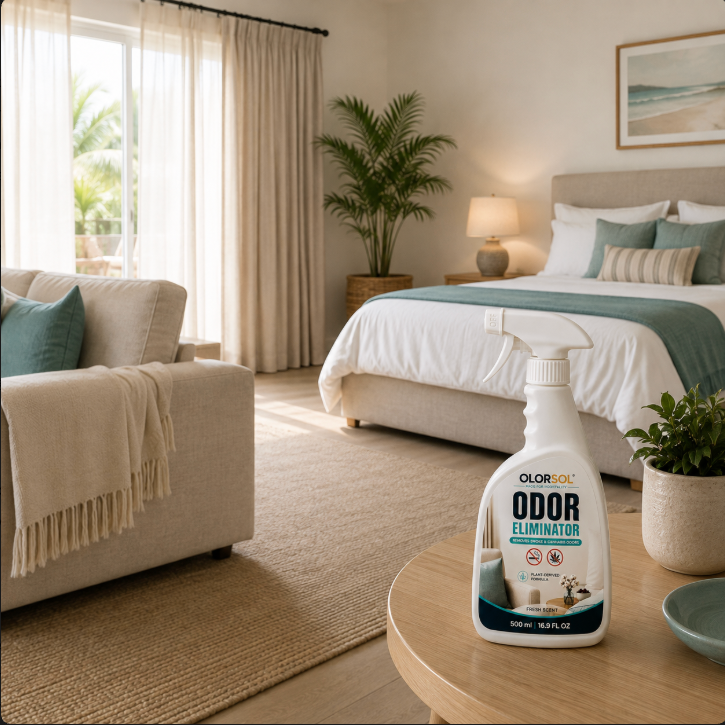 A bottle of Odor Eliminator spray placed on a round wooden table in a bright, modern bedroom setting. The room features a beige sofa, a bed with white and teal bedding, and a large potted plant in the background.