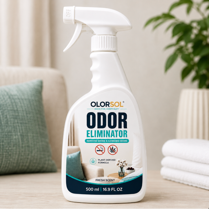 A 500 ml bottle of OlorSol Odor Eliminator fresh scent spray, set on a light wooden table with a cozy home background including a green pillow, a plant, and folded white towels.