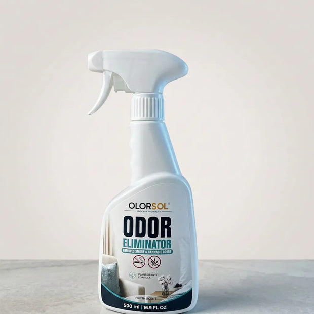 A 500 ml spray bottle of OLORSOL Odor Eliminator, featuring a white plastic bottle and trigger sprayer with a label showing a clean white chair and a small dog, set against a neutral beige background.