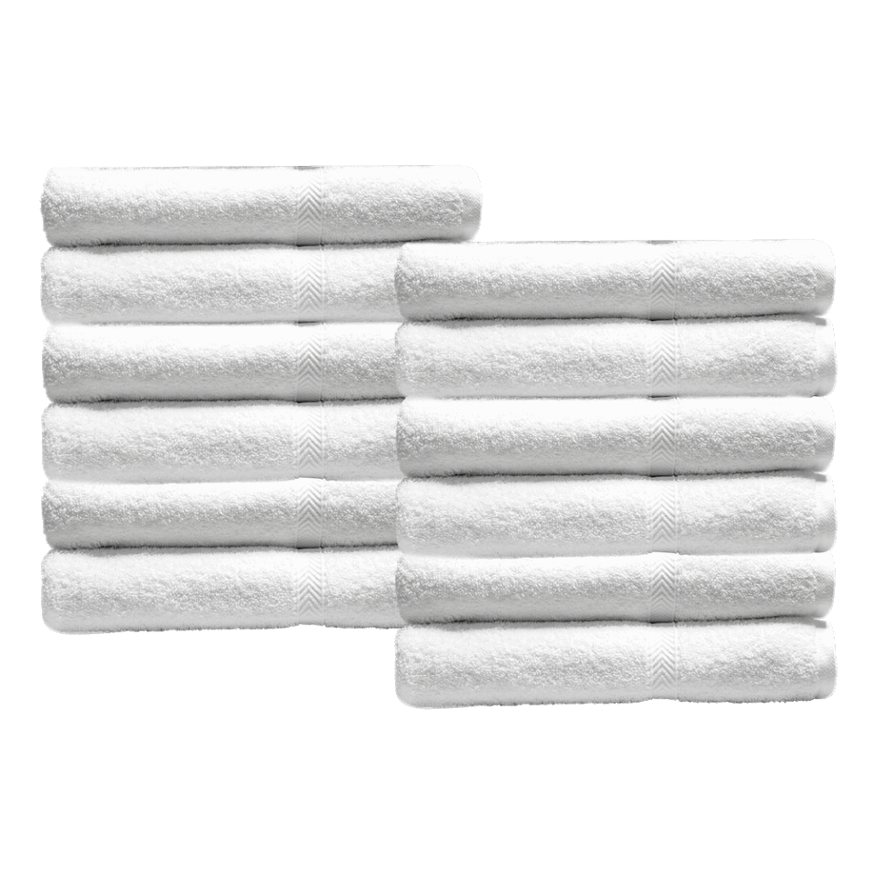 Luxurious Oxford Gold Dobby Towels stacked neatly, showcasing their soft, plush texture in brilliant white.