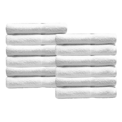 Luxurious Oxford Gold Dobby Towels stacked neatly, showcasing their soft, plush texture in brilliant white.