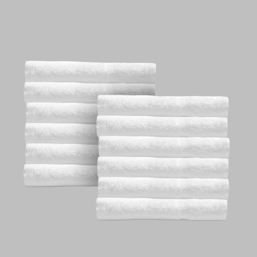 Pinnacle Bath towels set of 12, crafted from 100% cotton for luxury, durability, and a plush feel in brilliant white.