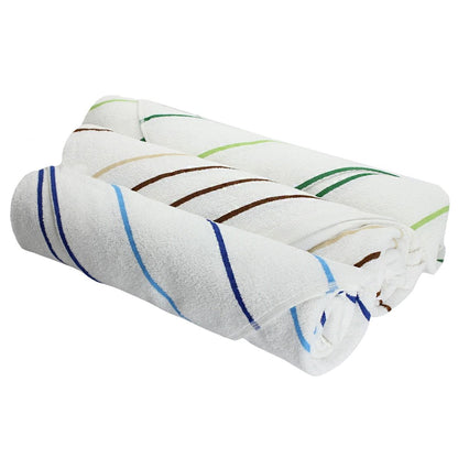 Pinnacle Premium Pool Towels 35" x 70" feature soft, absorbent cotton with vibrant stripes, ideal for poolside luxury.
