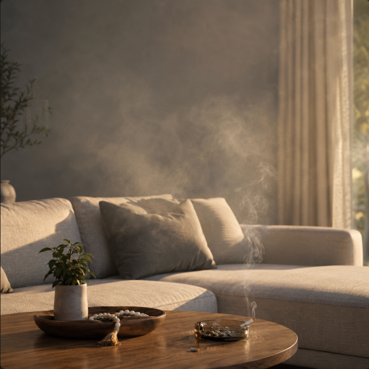 A modern beige sectional sofa in a warm, softly lit living room with a wooden coffee table, decorative tray, and a smoking cigarette on the table. Smoke drifts across the room, and a curtain is visible on the right.