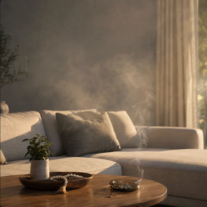A modern beige sectional sofa in a warm, softly lit living room with a wooden coffee table, decorative tray, and visible steam or smoke in the air near the cushions.